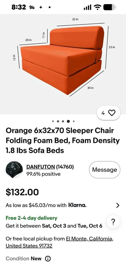 Like New - orange - folding sofa bed