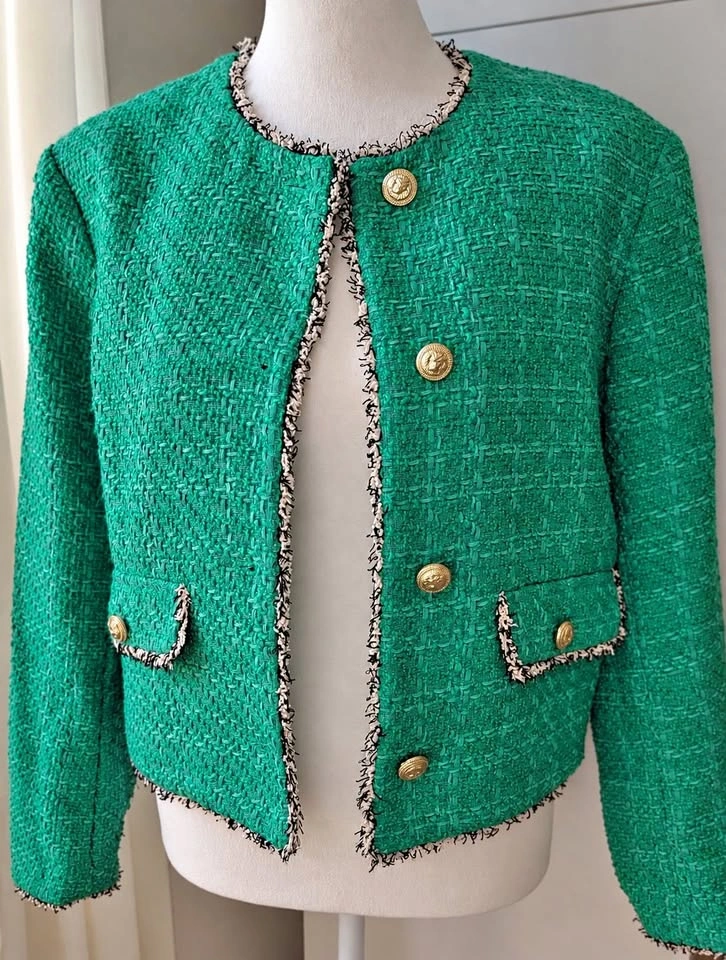 H&M Emerald Tweed-Style Cropped Jacket – Gold Buttons, Size S