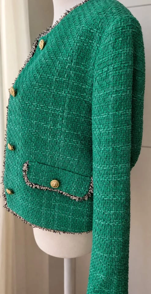 H&M Emerald Tweed-Style Cropped Jacket – Gold Buttons, Size S - photo 2
