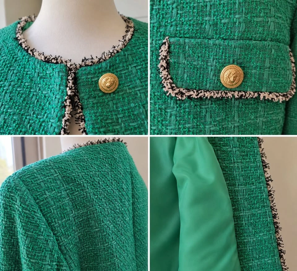 H&M Emerald Tweed-Style Cropped Jacket – Gold Buttons, Size S - photo 4