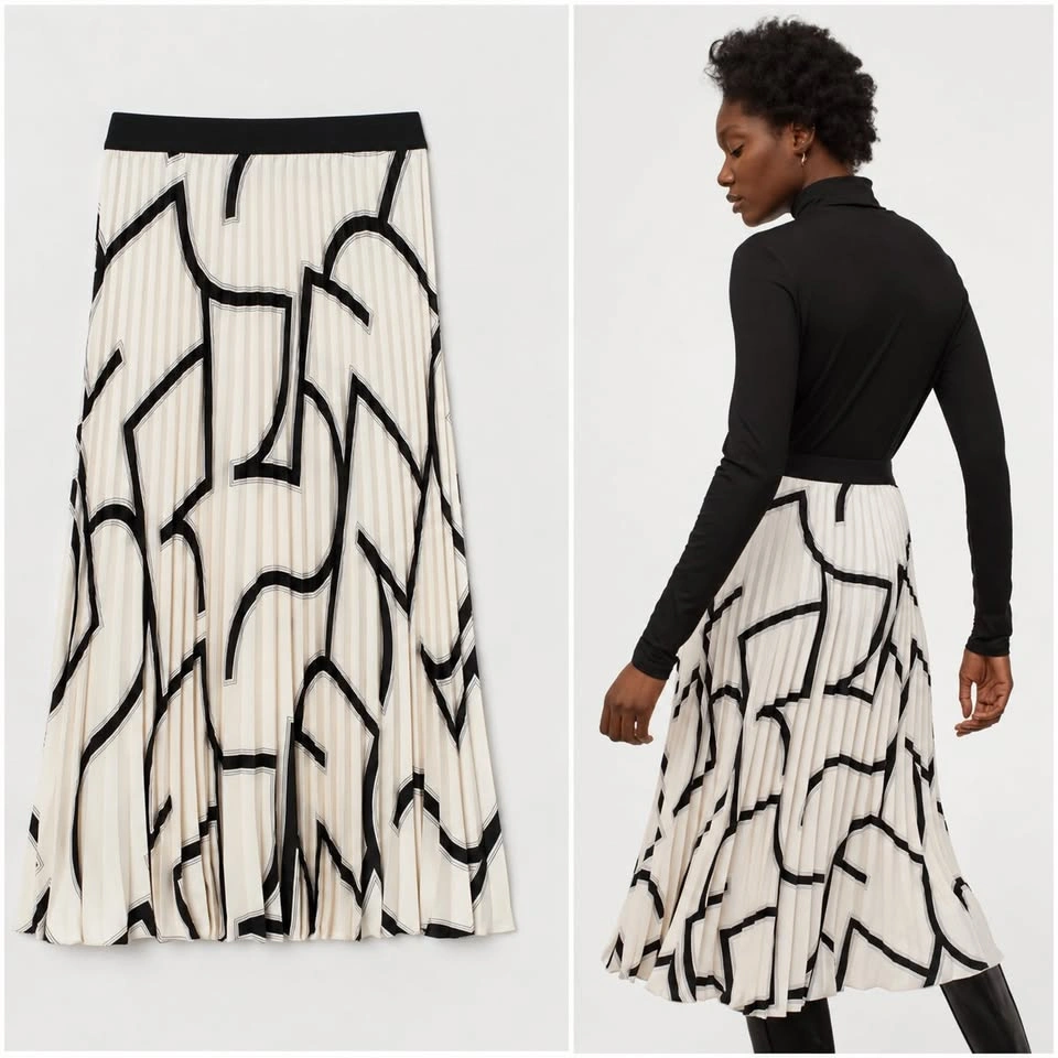 H&M Pleated Midi Skirt – Cream & Black Graphic Print, Size S - photo 5