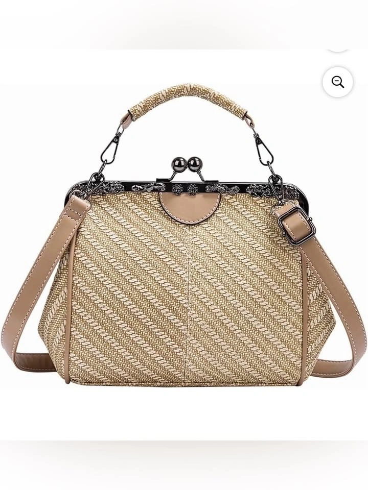 Vintage-style straw and faux leather kiss lock crossbody bag