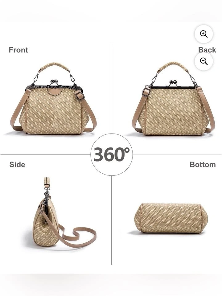 Vintage-style straw and faux leather kiss lock crossbody bag - photo 3