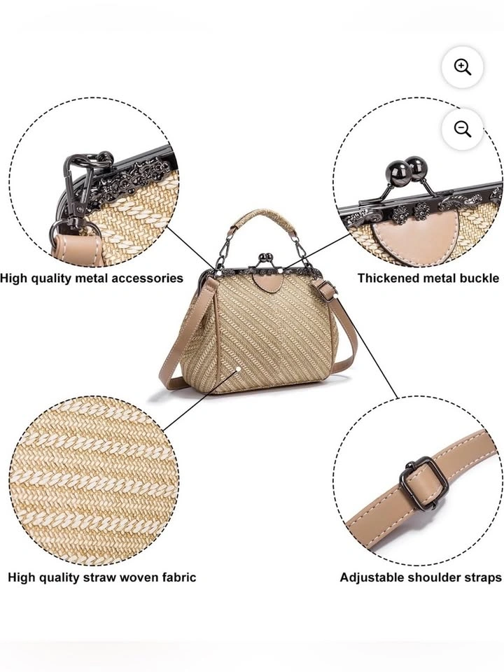 Vintage-style straw and faux leather kiss lock crossbody bag - photo 4