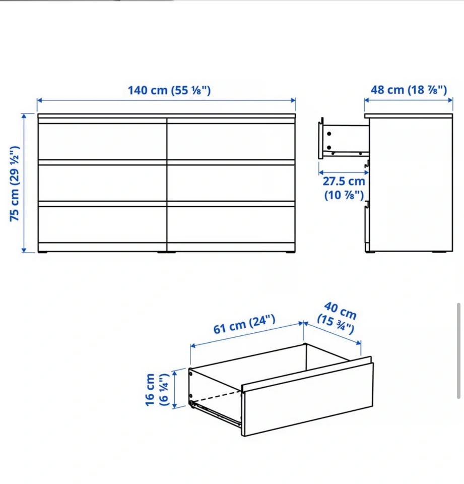 IKEA 6-Drawer Dresser, White, 140x48x75cm - Like New - photo 3