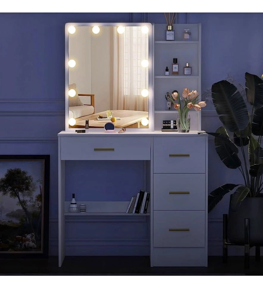 White Makeup Vanity with Lighted Mirror and Drawers - Like New