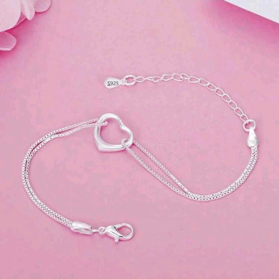 S925 Sterling Silver Heart Charm Double Chain Bracelet