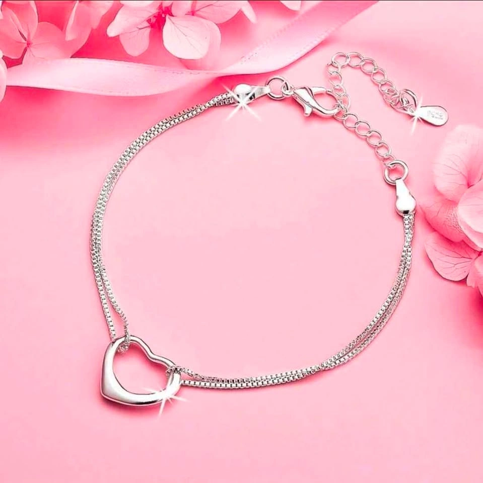 S925 Sterling Silver Heart Charm Double Chain Bracelet - photo 2