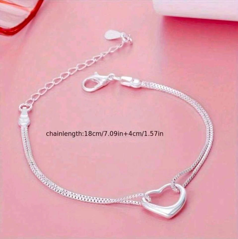 S925 Sterling Silver Heart Charm Double Chain Bracelet - photo 3