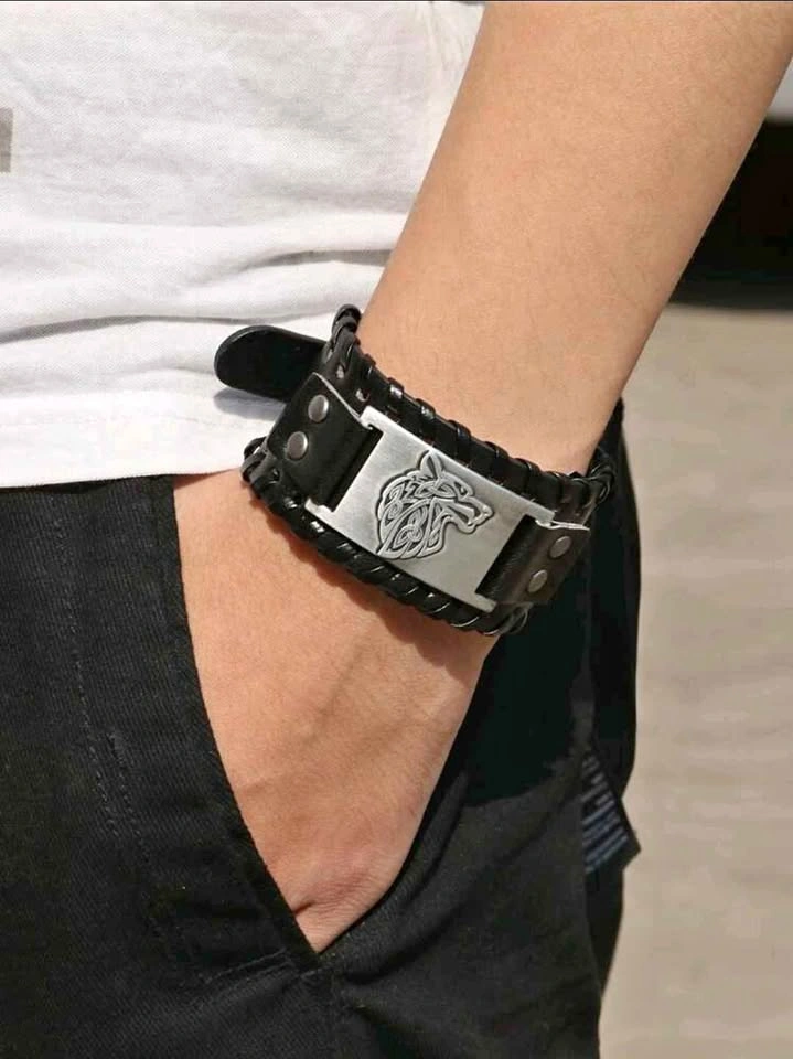 Wolf Head Leather Cuff Bracelet