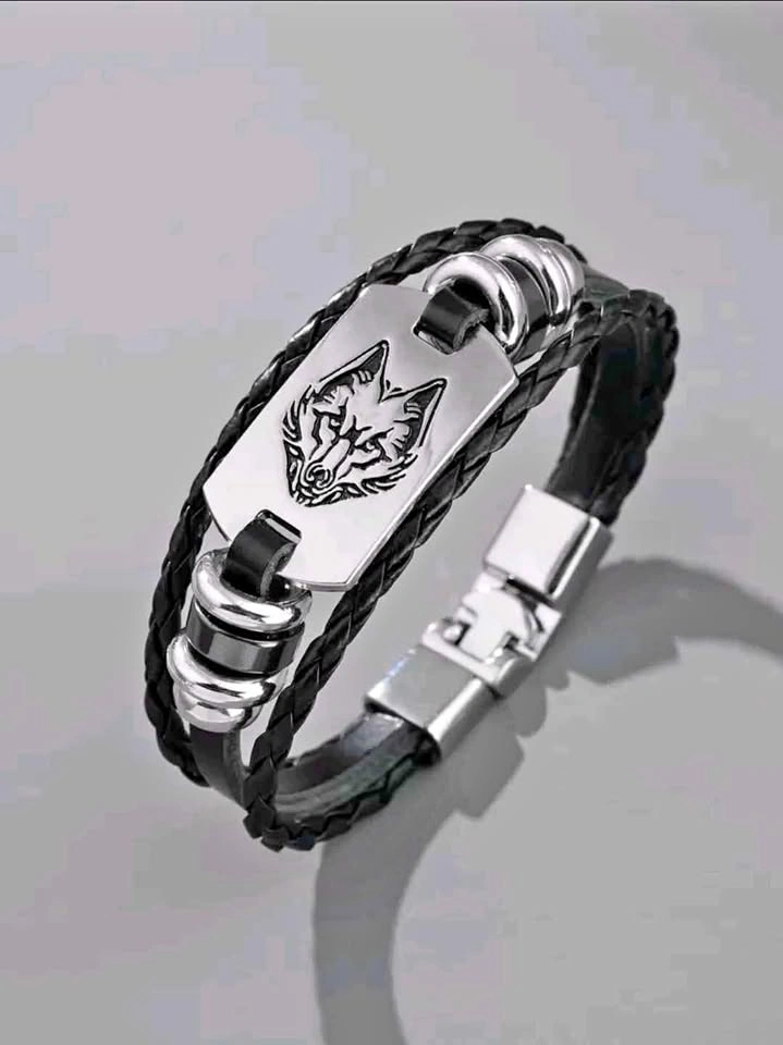 Wolf Head Braided Leather Bracelet