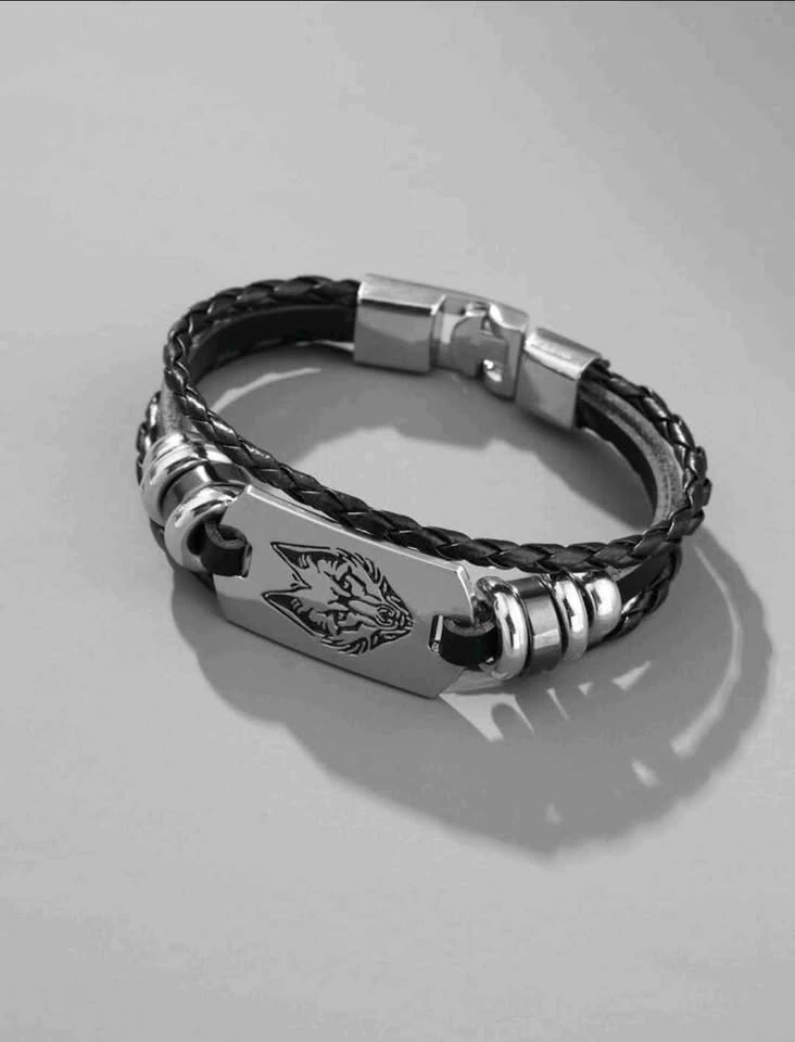 Wolf Head Braided Leather Bracelet - photo 2