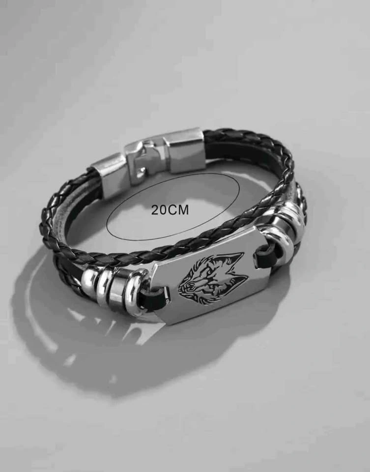 Wolf Head Braided Leather Bracelet - photo 3