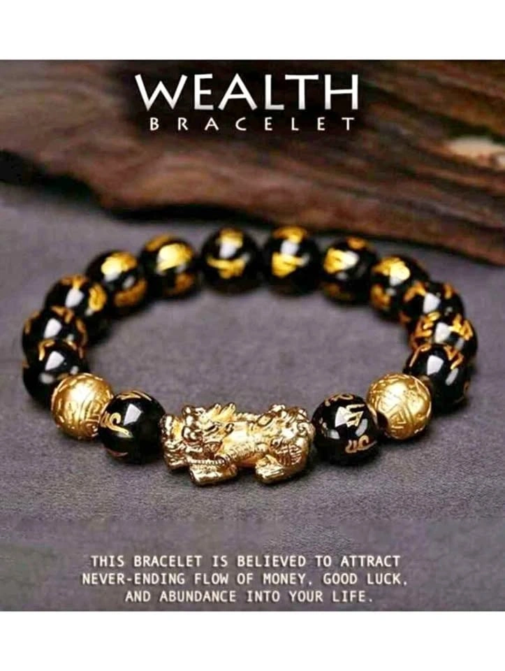 Wealth Bracelet Black Gold Beaded with Pixiu Charm 18cm