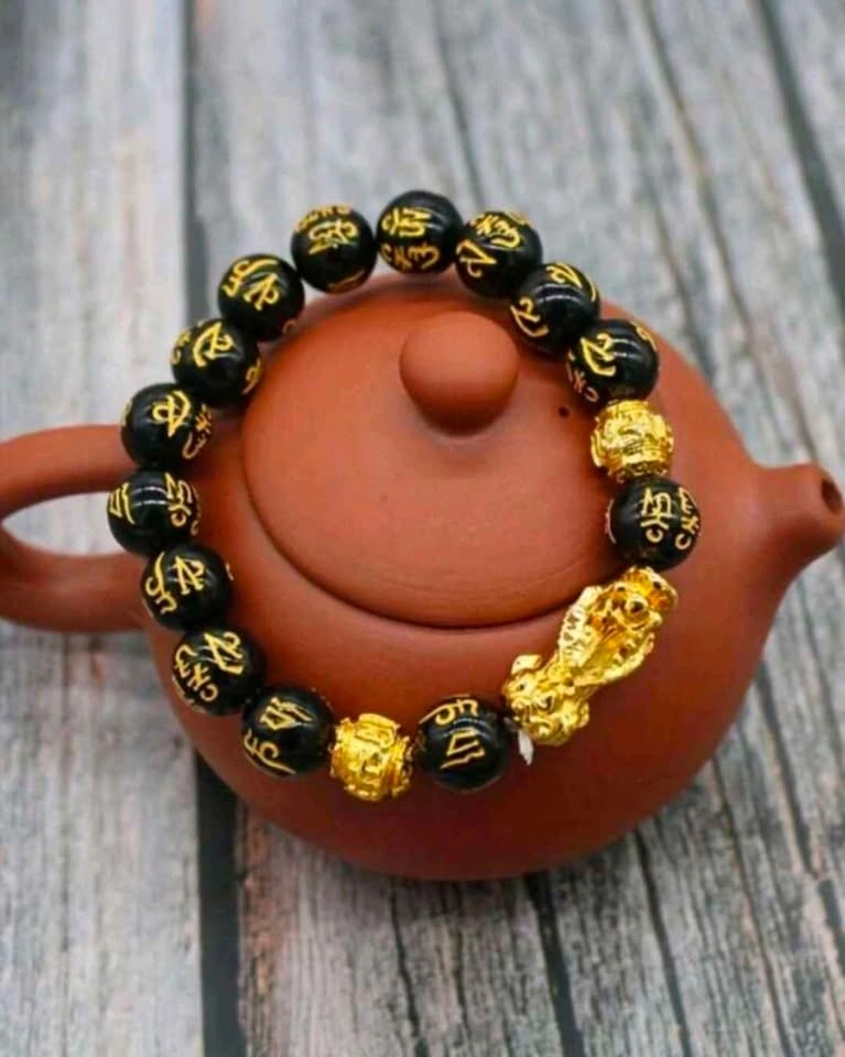 Wealth Bracelet Black Gold Beaded with Pixiu Charm 18cm - photo 2