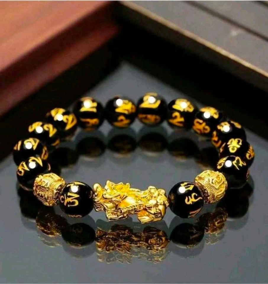 Wealth Bracelet Black Gold Beaded with Pixiu Charm 18cm - photo 4