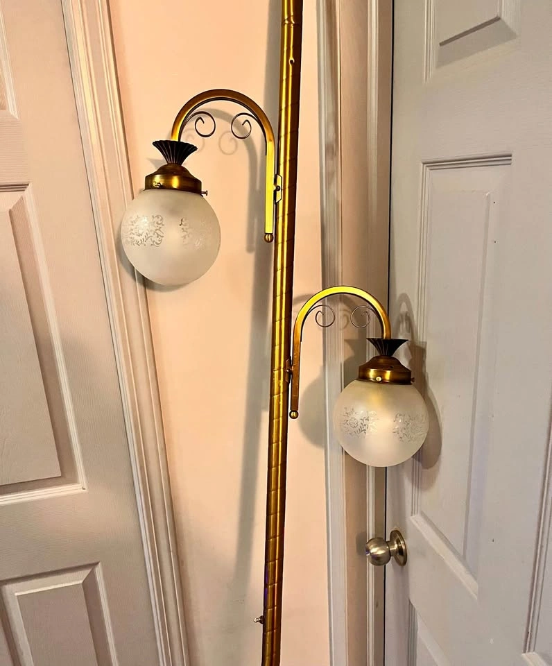 Vintage Brass Tension Pole Lamp with Frosted Glass Globes