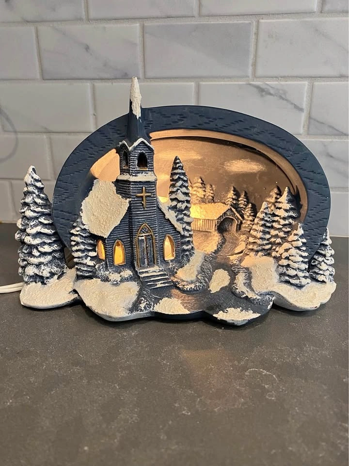 Vintage Illuminated Winter Village Church Tabletop Decor