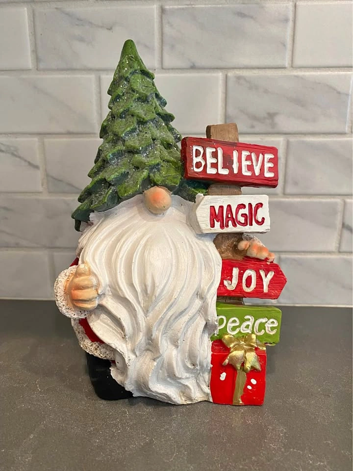 Christmas Gnome Figurine with Holiday Signpost