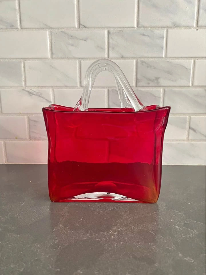 Red Hand-Blown Art Glass Purse Vase