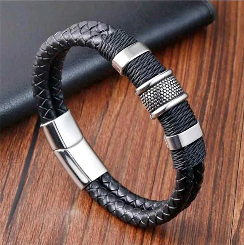 Men's Black Braided Bracelet with Metal Accents