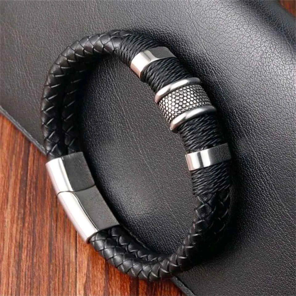 Men's Black Braided Bracelet with Metal Accents - photo 2