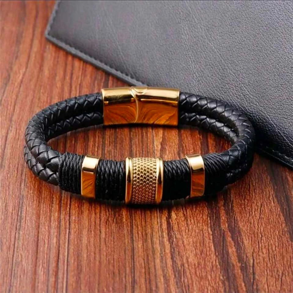 Men's Black Braided Bracelet with Metal Accents - photo 4