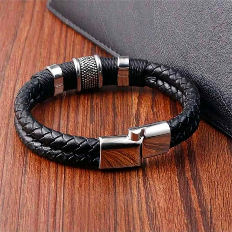 Men's Black Braided Bracelet with Metal Accents - photo 5
