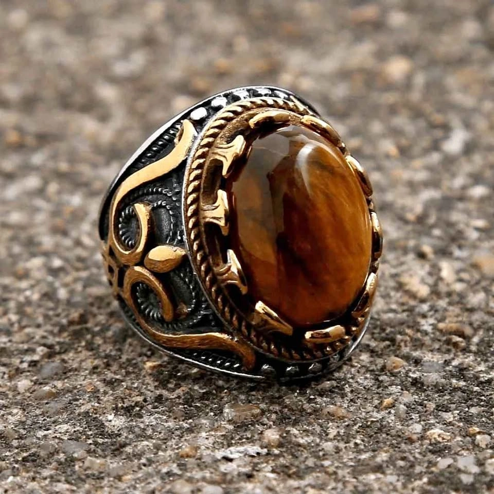 Men's Silver Gold Tiger Eye Ring