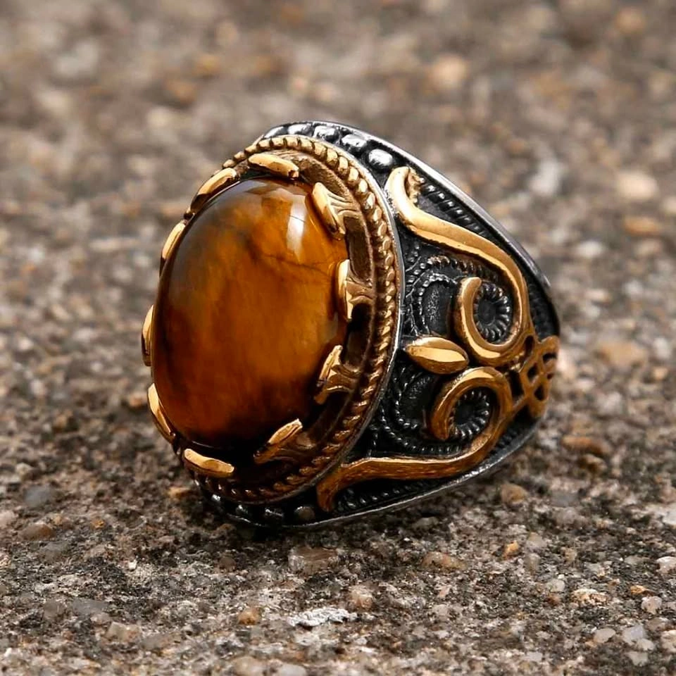 Men's Silver Gold Tiger Eye Ring - photo 2