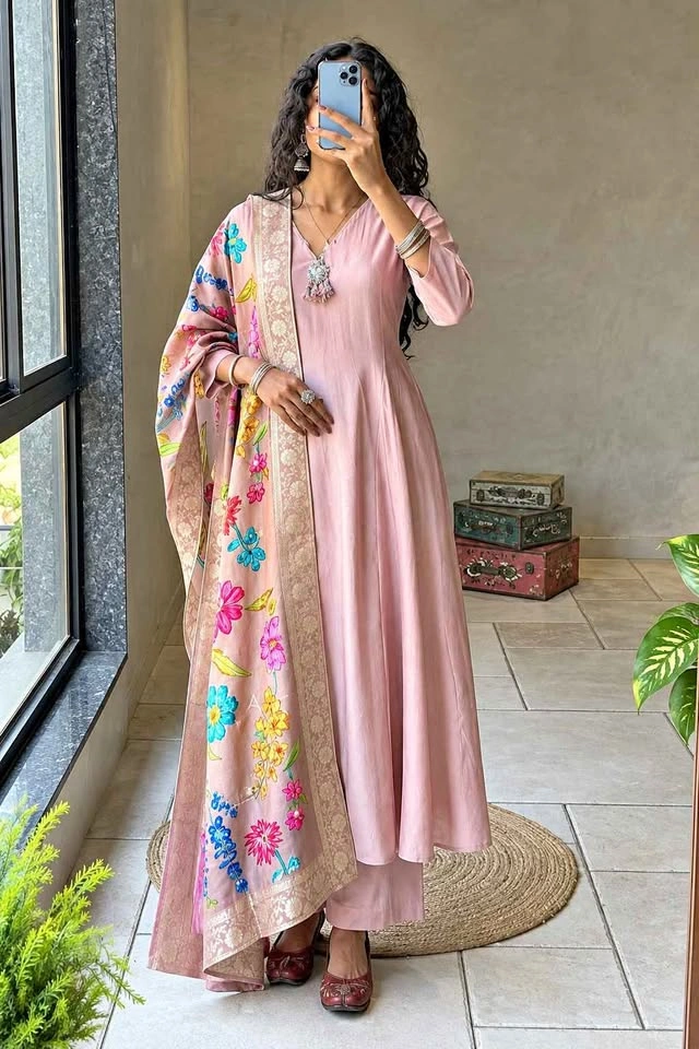 Pink Anarkali Suit Set with Floral Dupatta