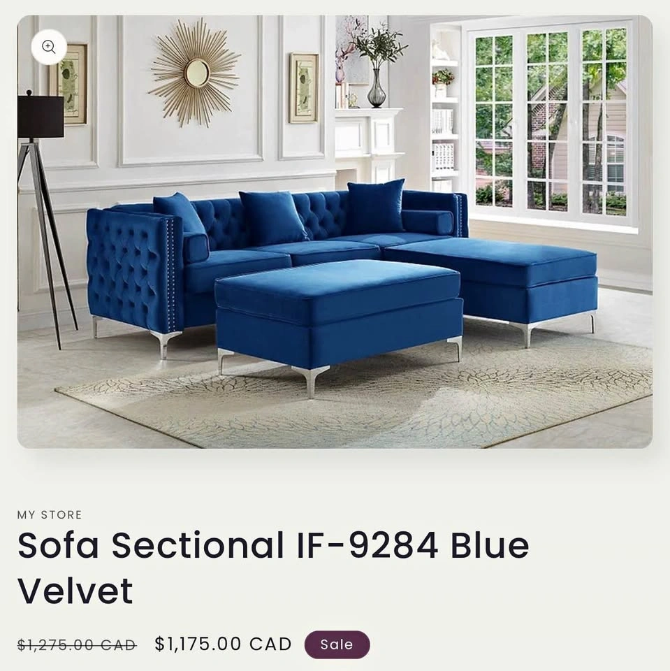 Blue Velvet 3-Seater Sofa + 2 Matching Ottomans – 430$