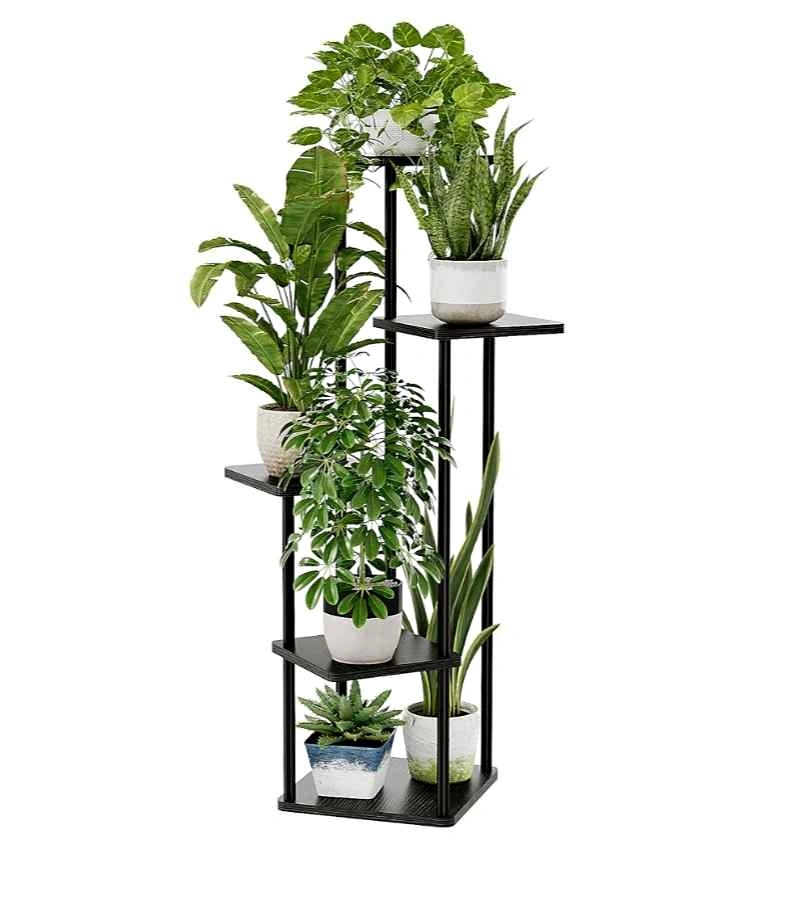 5-Tier Black Metal and Wood Plant Stand
