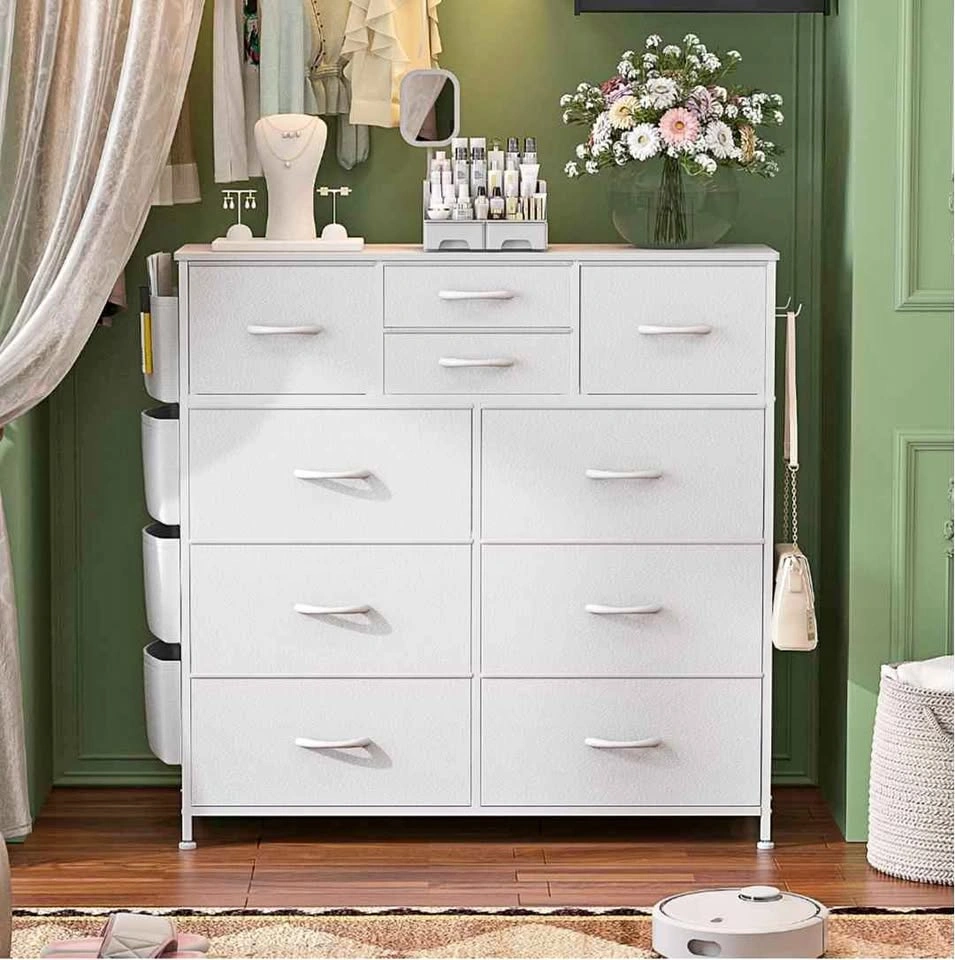 10-Drawer Dresser (white) with Side Pockets and Metal Frame