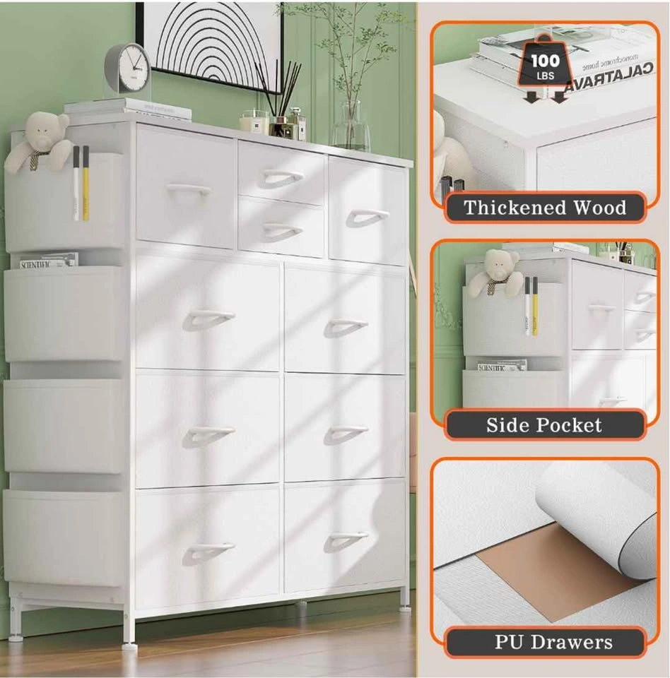 10-Drawer Dresser (white) with Side Pockets and Metal Frame - photo 3