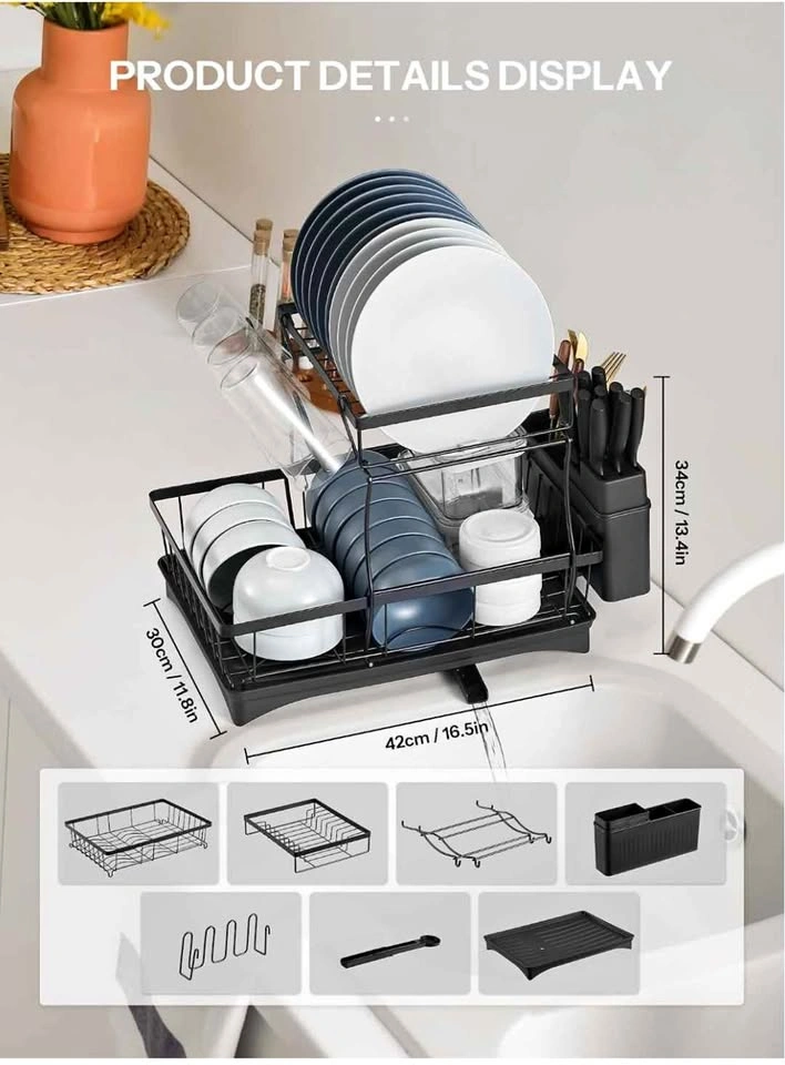 2-Tier Metal Dish Drying Rack with Drainboard