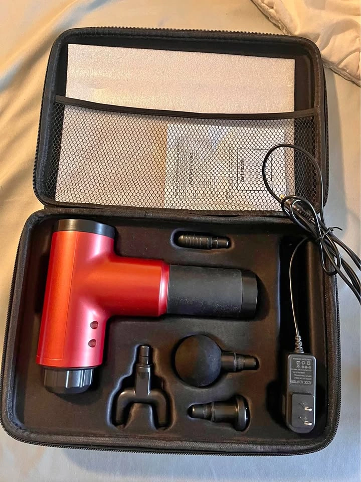 Red Deep Muscle Massage Gun with 4 Heads, Charger & Hard Case