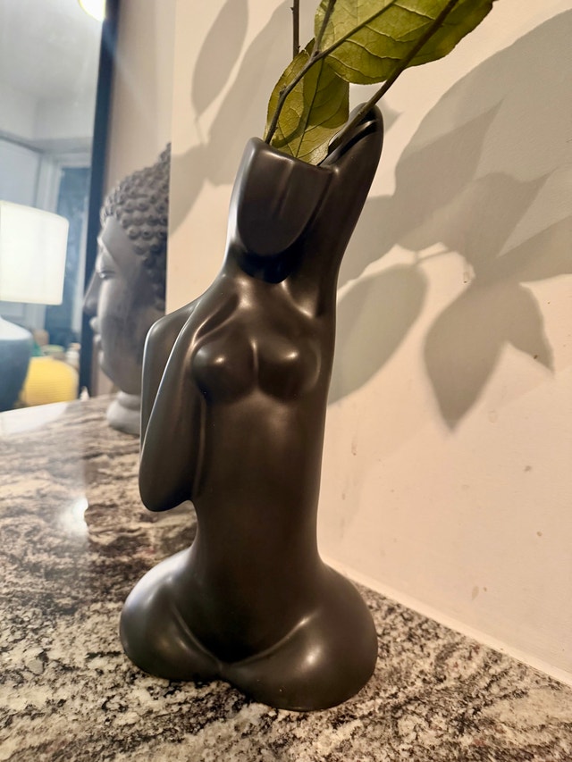 Body Vase, 13" Matte Black Ceramic, Modern Decor