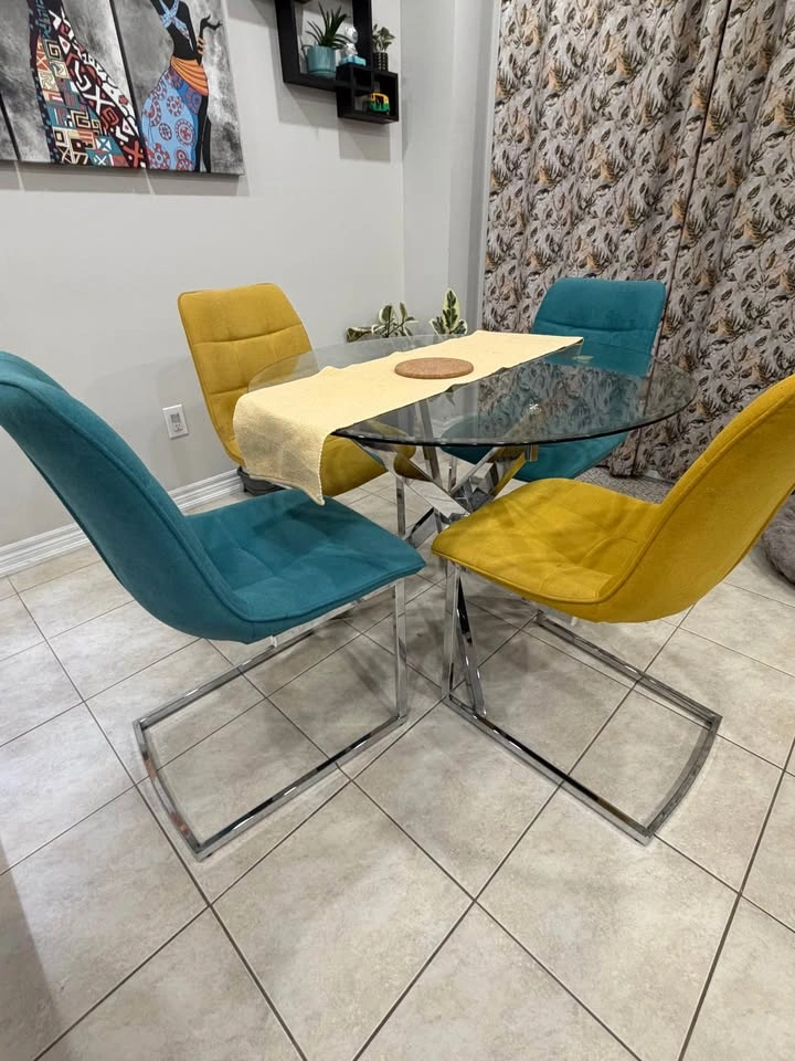 Modern round glass dining table + 4 Upholstered Chairs - photo 2