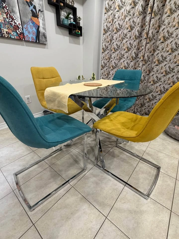 Modern round glass dining table + 4 Upholstered Chairs - photo 3