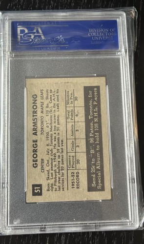 1952 Parkhurst #51 George Armstrong Rookie PSA 4 - photo 2