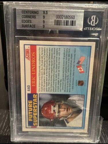 1990 Score Eric Lindros Rookie #440 Philadelphia Flyers BGS 9 - photo 2