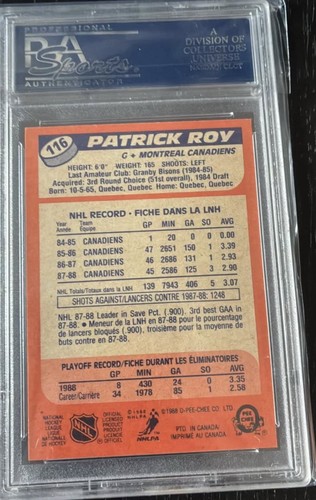 1988-89 O-Pee-Chee Patrick Roy PSA 9 Mint Montreal Canadiens - photo 2