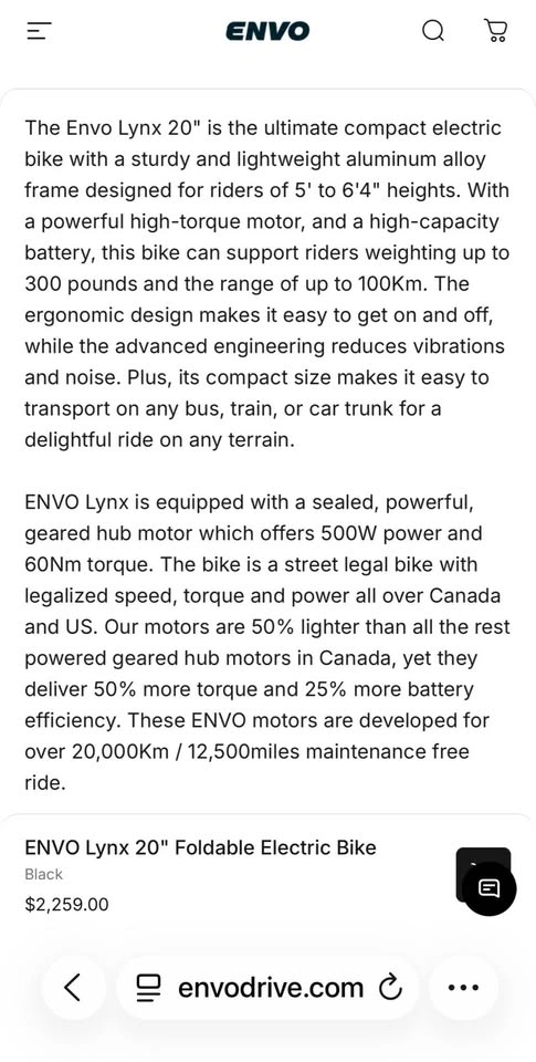 NEW* ENVO Lynx 20" Foldable BLACK E-Bike (SAVE $500) - photo 5