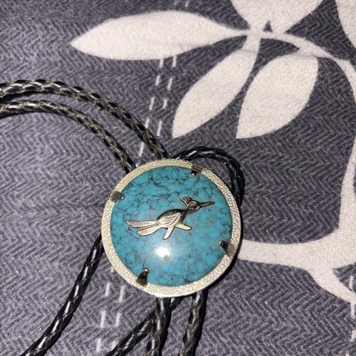 VTG Bolo Tie Featuring A Round Turquoise Stone Roadrunner Bird E - photo 2
