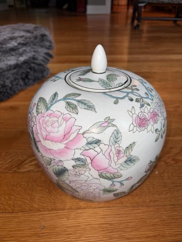 Vintage Hand-Painted Pink Peony Chinoiserie Porcelain Ginger Jar