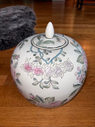 Vintage Hand-Painted Pink Peony Chinoiserie Porcelain Ginger Jar - photo 2