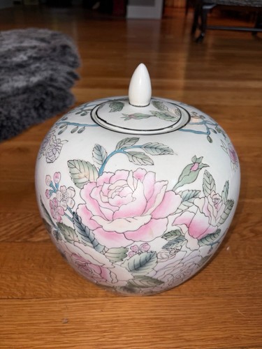 Vintage Hand-Painted Pink Peony Chinoiserie Porcelain Ginger Jar - photo 3