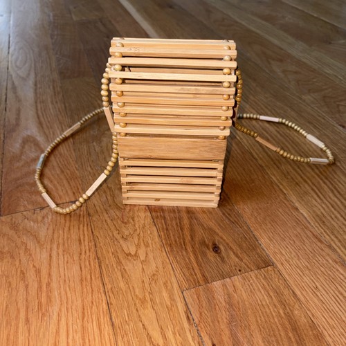Vintage 60-70s Wooden Slat Handbag with Beaded Shoulder Strap