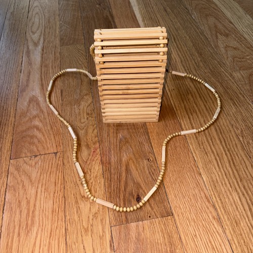 Vintage 60-70s Wooden Slat Handbag with Beaded Shoulder Strap - photo 3